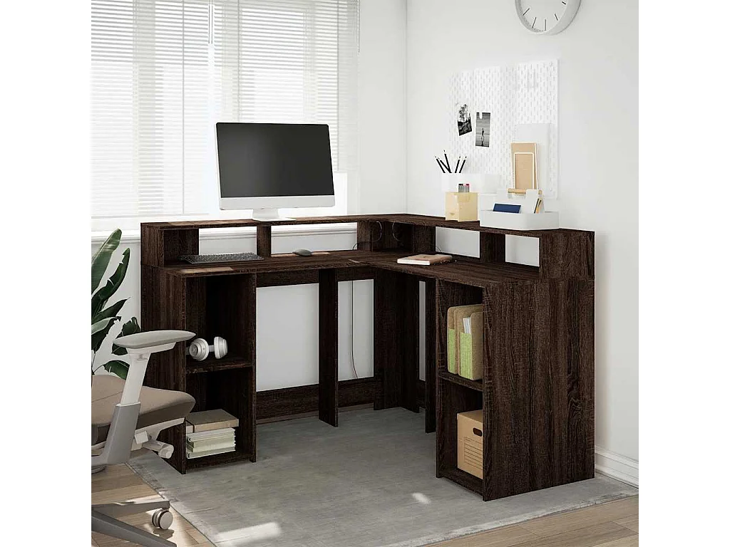 Bureau met LED-verlichting 130x130x91 cm hout bruin eikenkleur