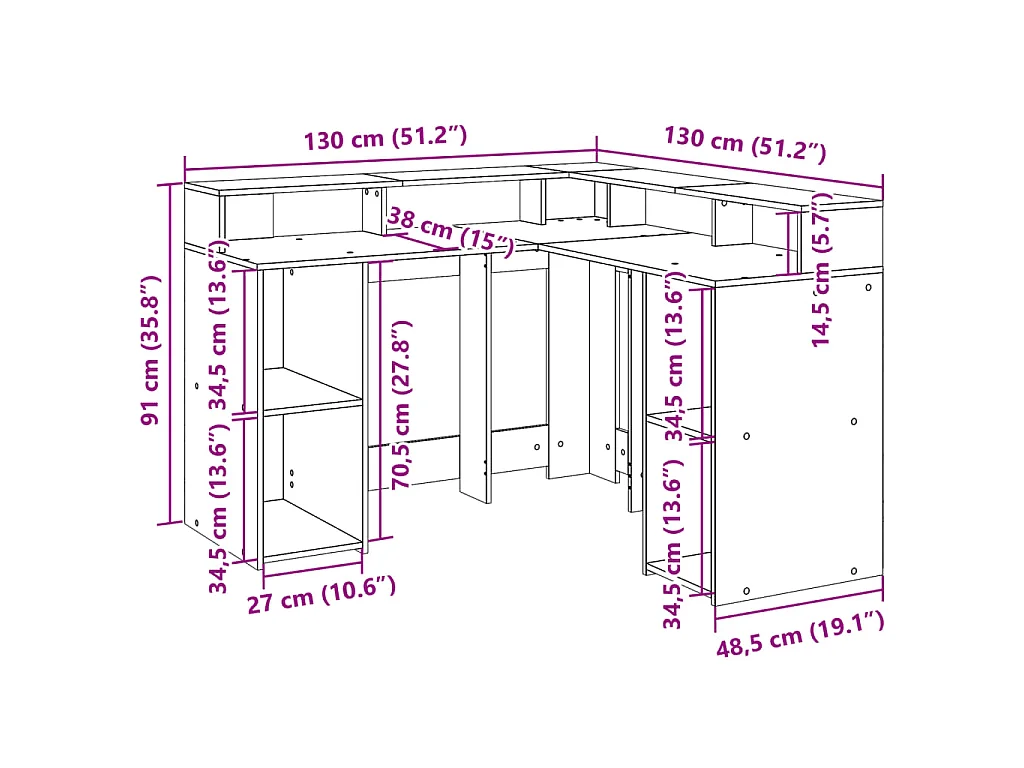 Bureau met LED-verlichting 130x130x91 cm hout bruin eikenkleur