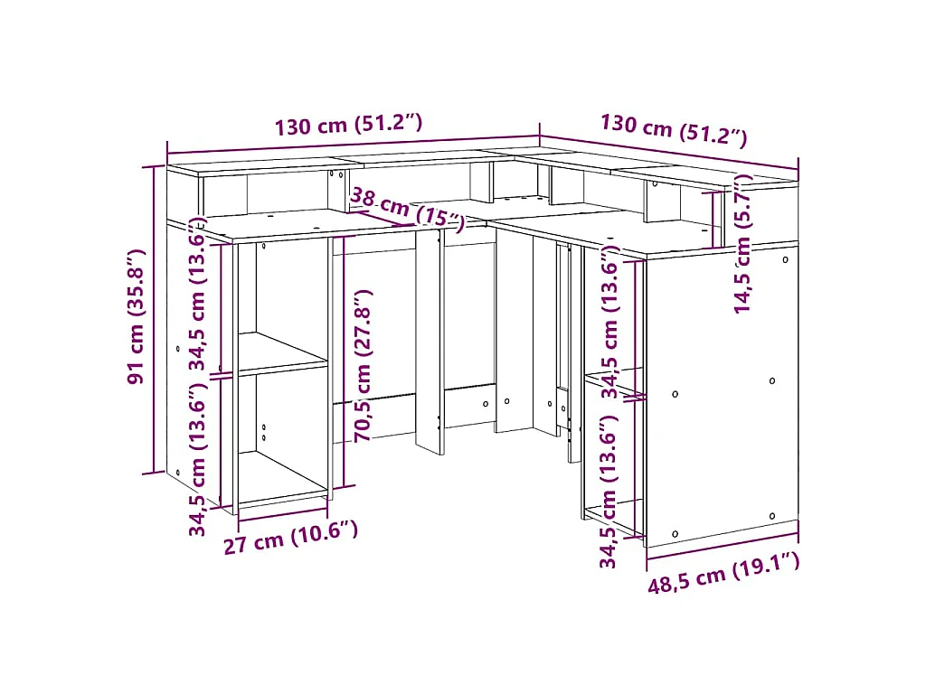 Bureau et lumières LED chêne marron bois d'ingénierie