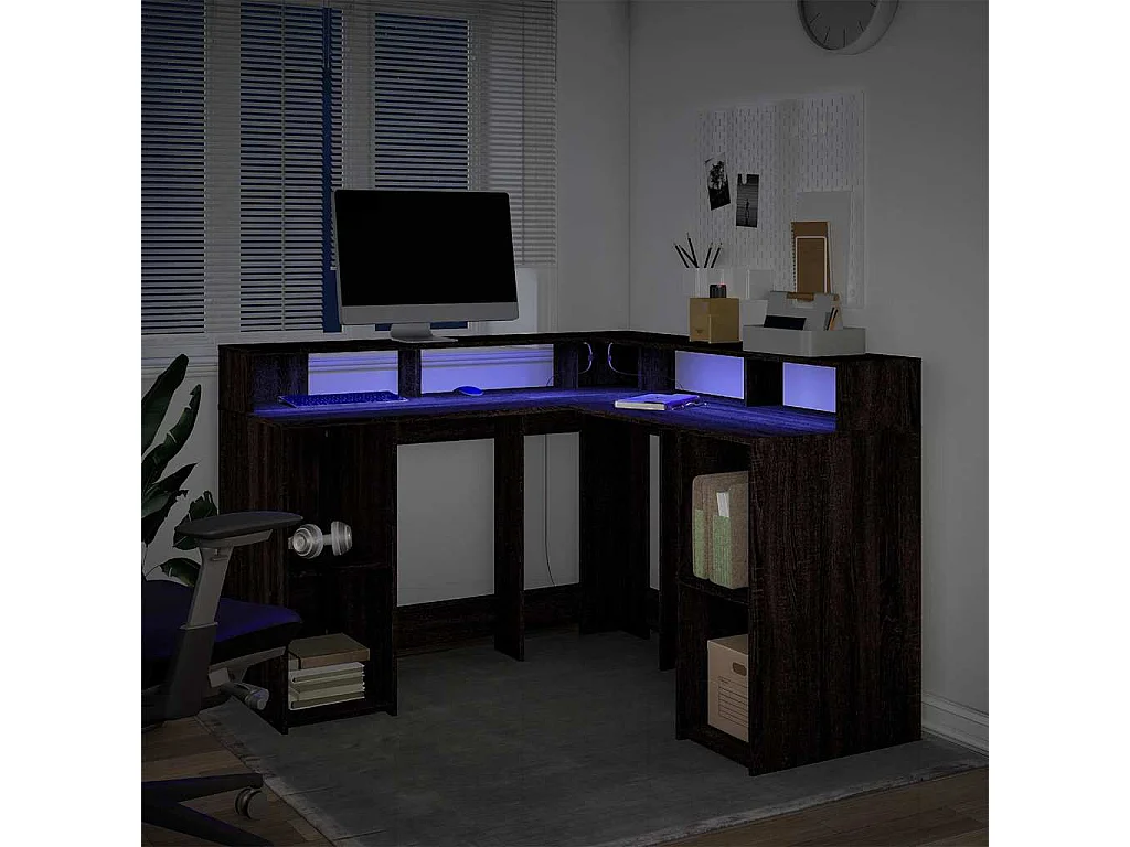 Bureau et lumières LED chêne marron bois d'ingénierie