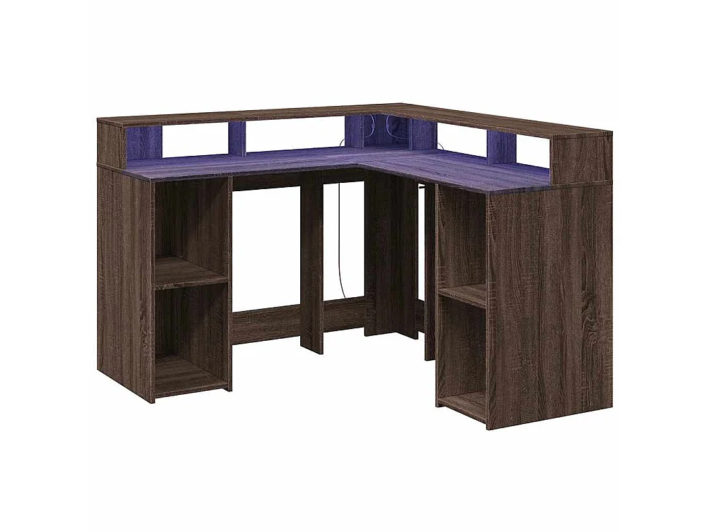 Bureau et lumières LED chêne marron bois d'ingénierie