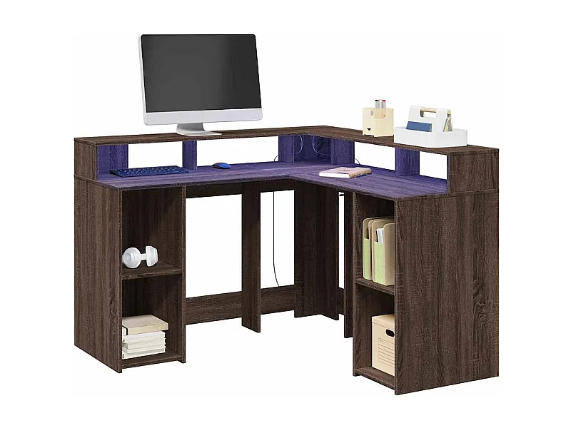 Bureau et lumières LED chêne marron bois d'ingénierie