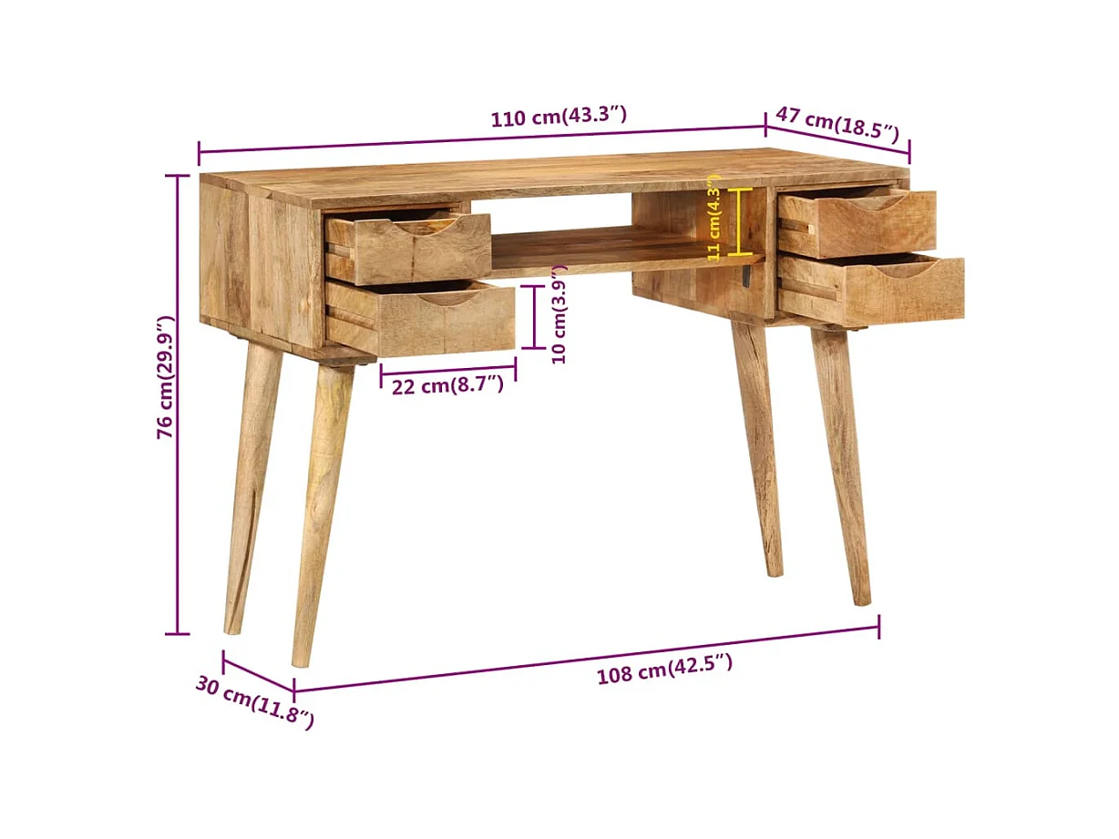 Schreibtisch mit Schubladen 110x47x76 cm Massivholz Mango