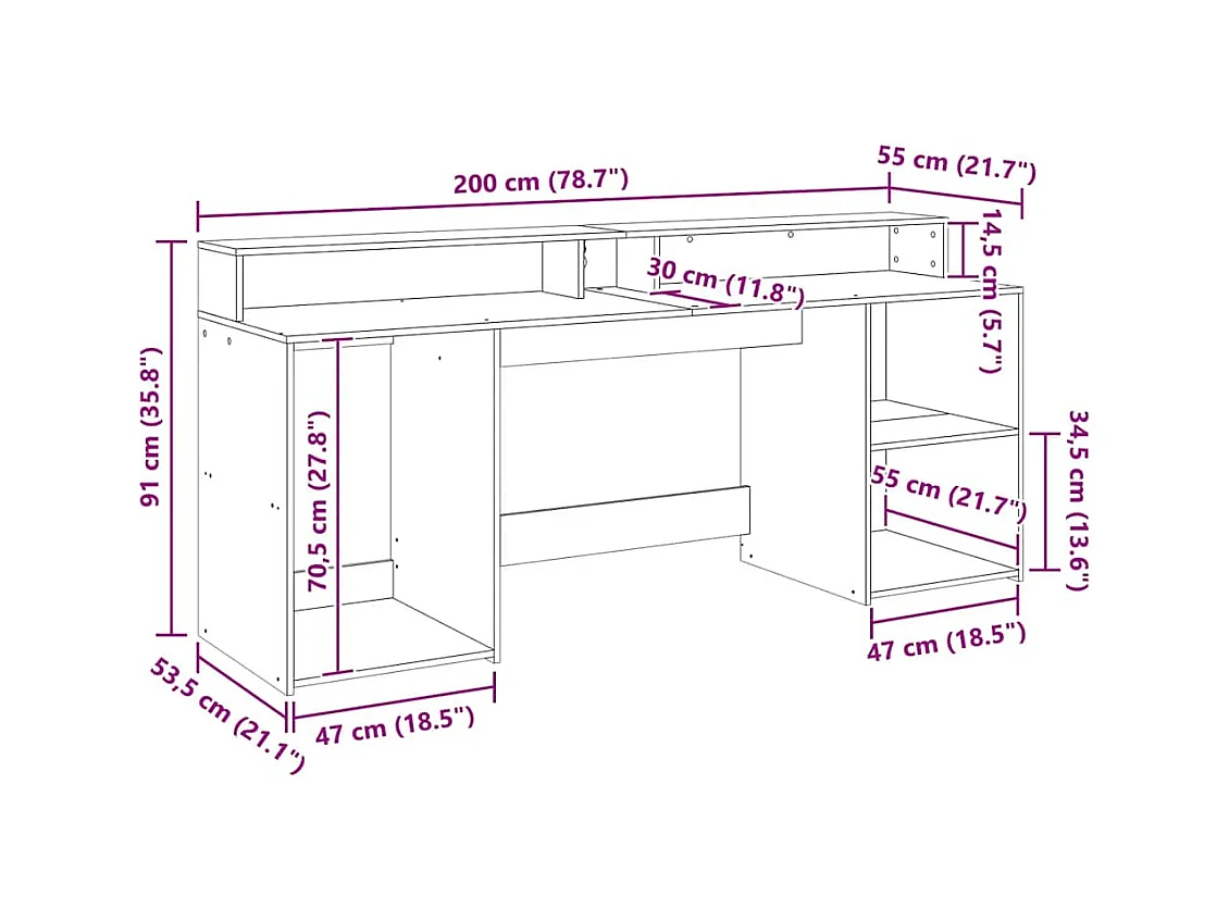 Bureau avec lumières LED chêne artisanal bois d'ingénierie