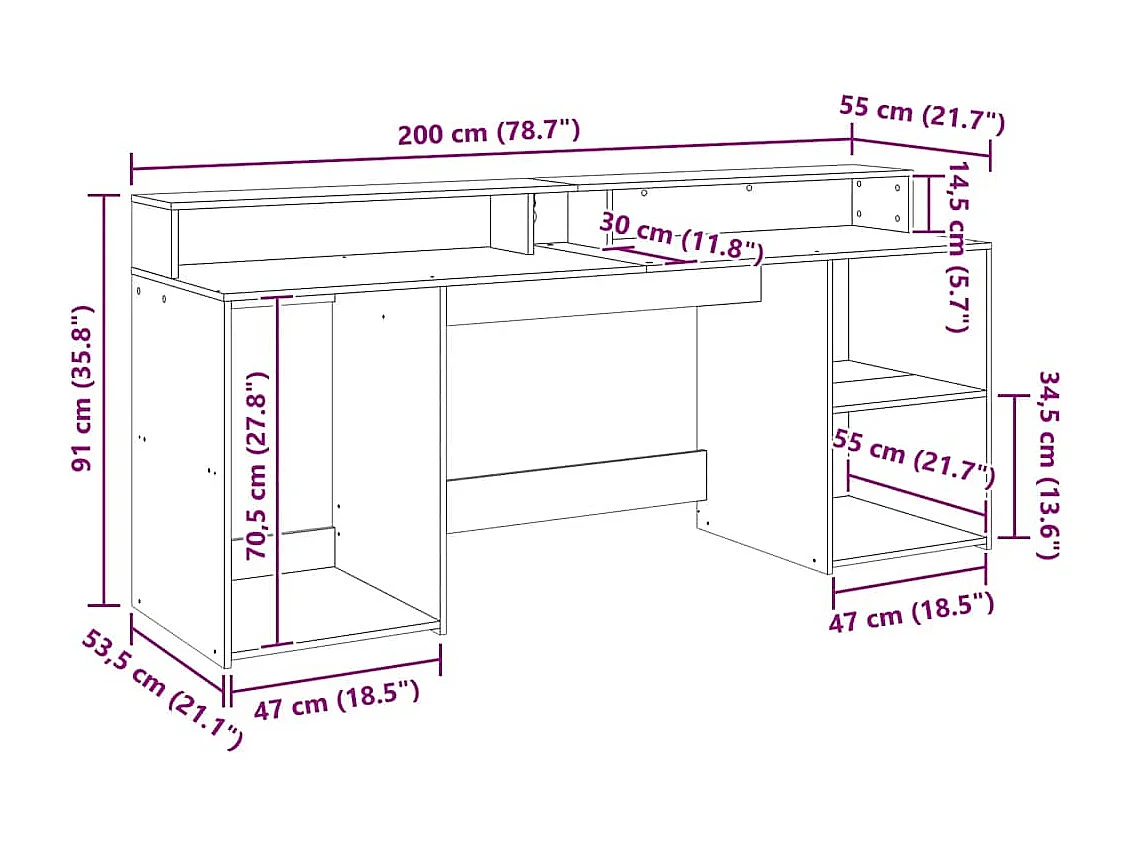 Secretária c/ luzes LED derivados de madeira carvalho artisiano