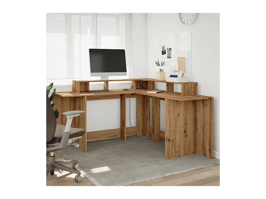 Bureau avec lumières LED chêne artisanal bois d'ingénierie