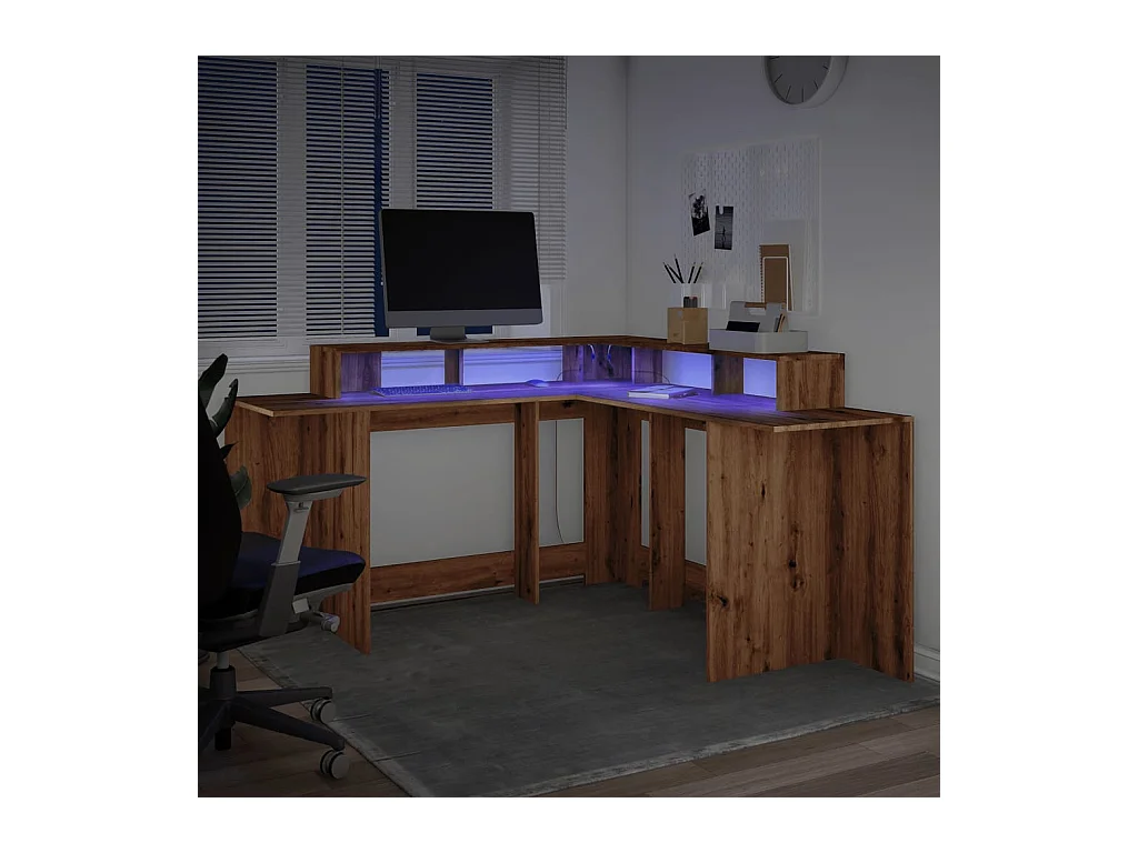 Bureau avec lumières LED chêne artisanal bois d'ingénierie
