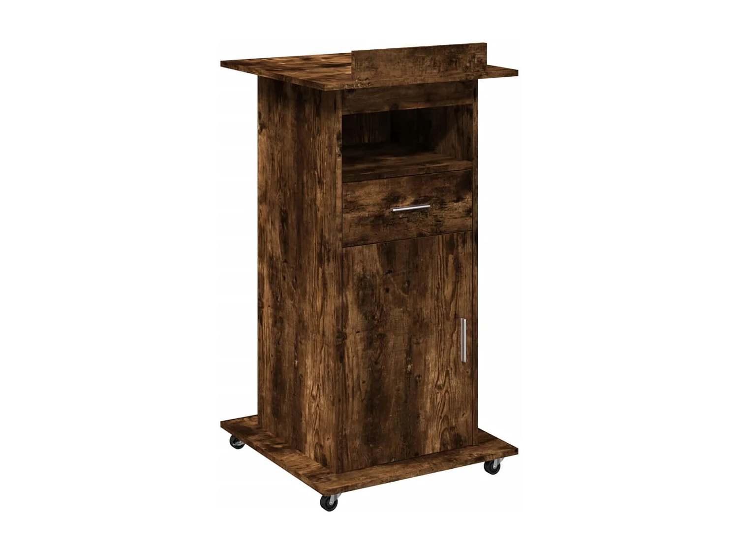 Atril con ruedas y cajón madera roble ahumado 55x55x107 cm