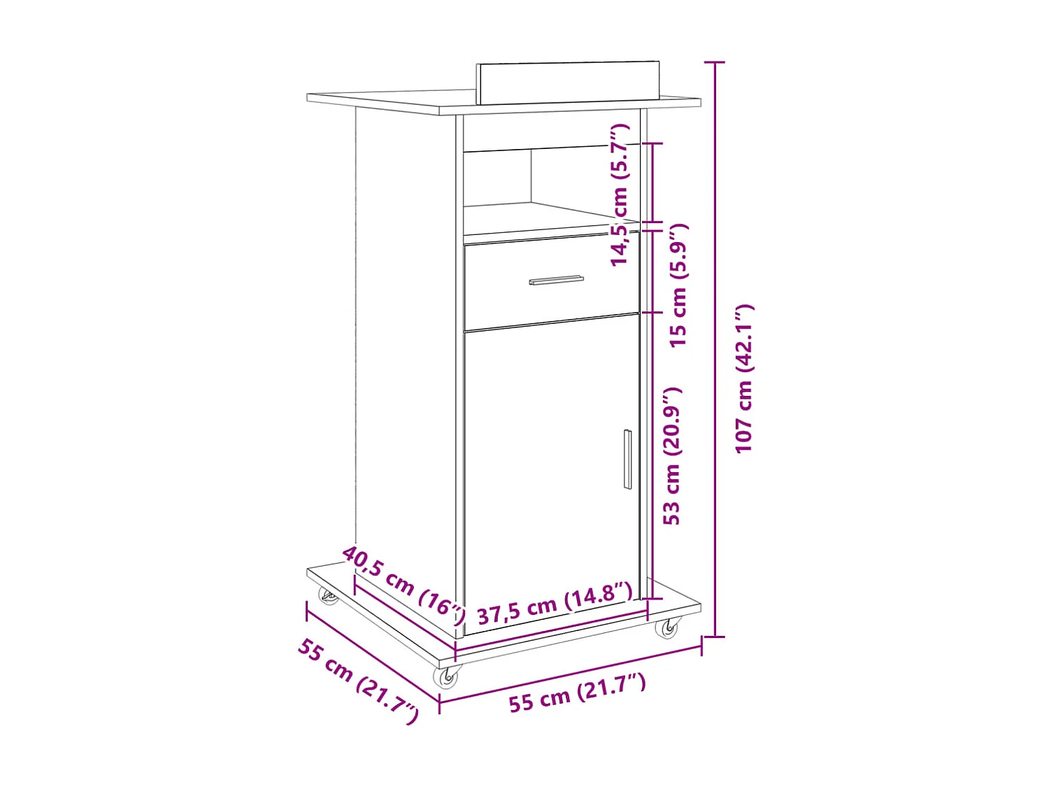 Atril con ruedas y cajón madera roble ahumado 55x55x107 cm