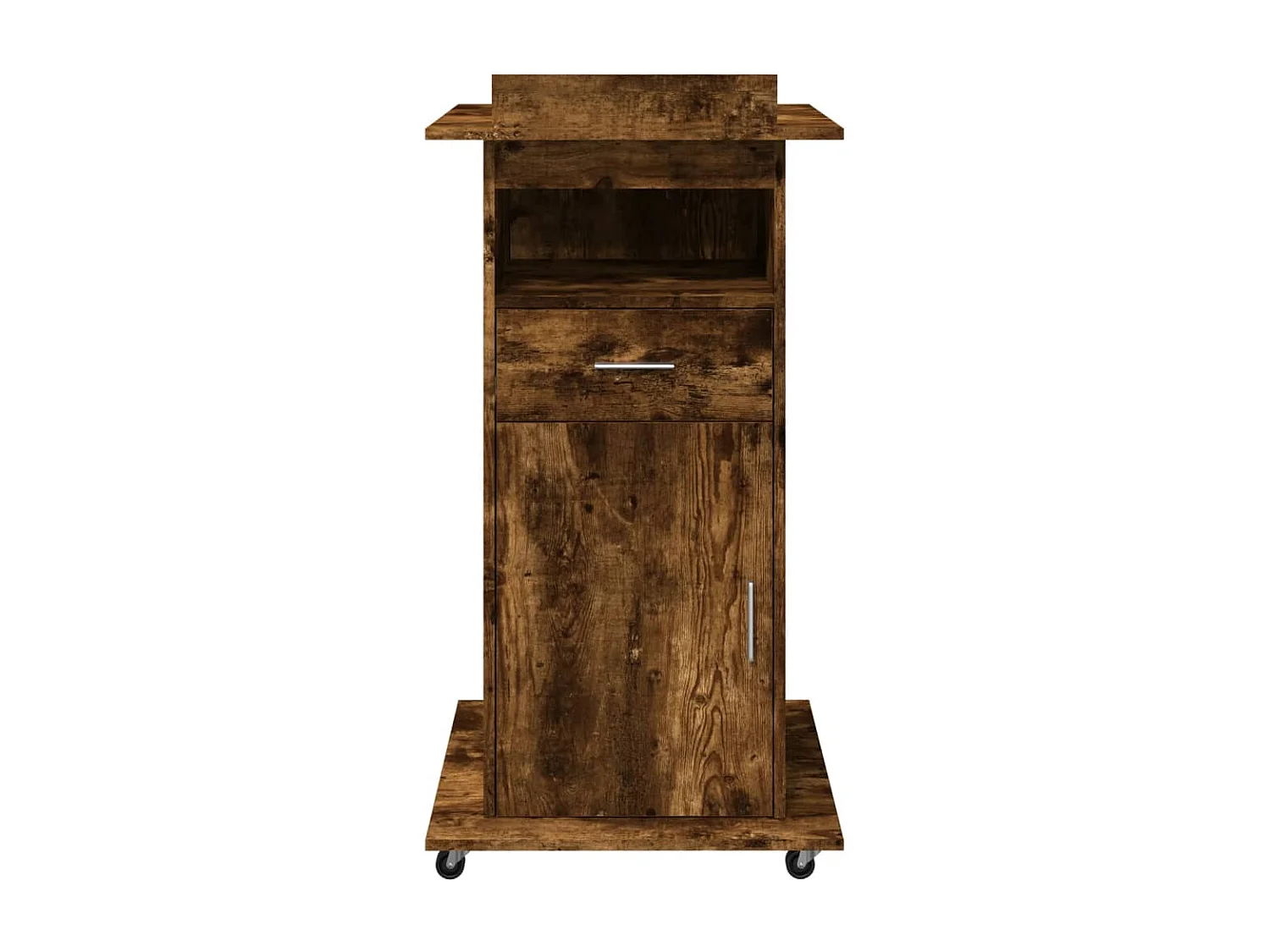 Atril con ruedas y cajón madera roble ahumado 55x55x107 cm