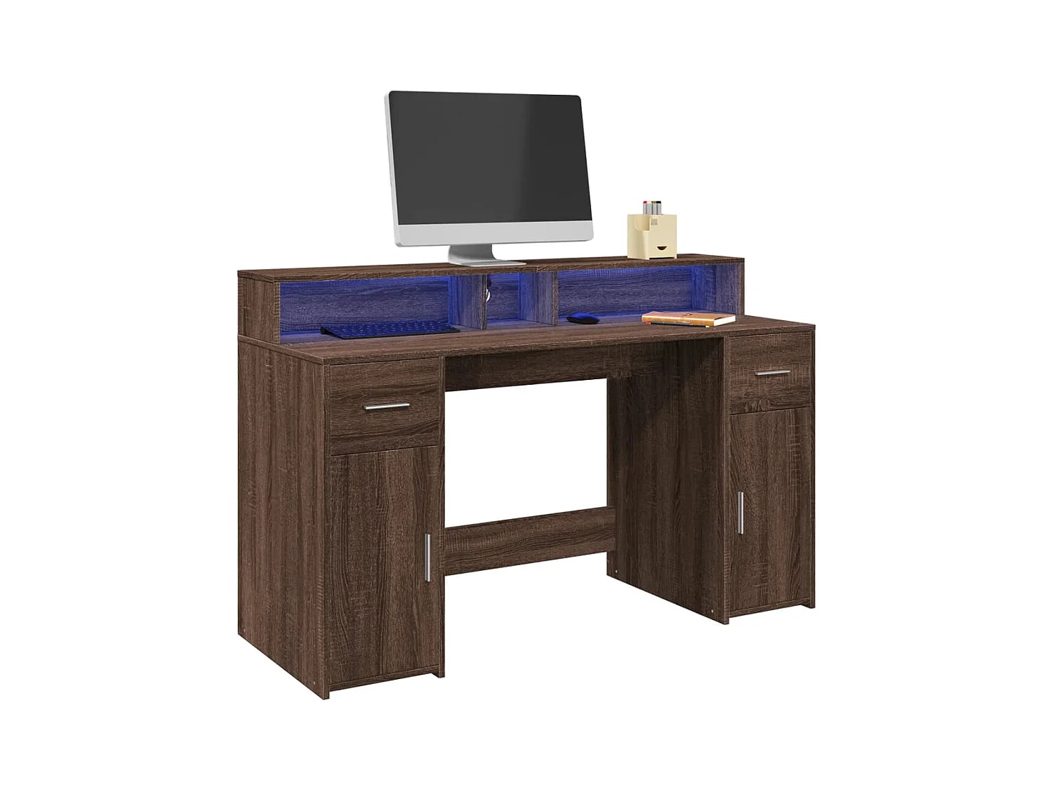 Bureau et lumières LED chêne marron bois d'ingénierie
