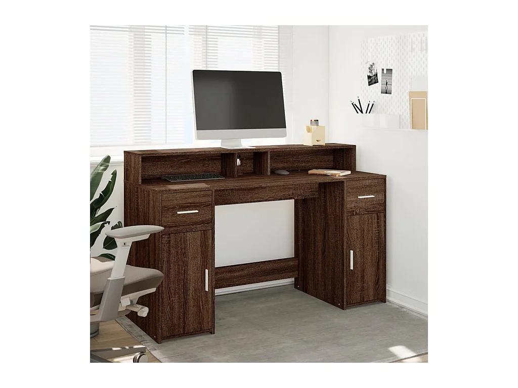 Bureau et lumières LED chêne marron bois d'ingénierie