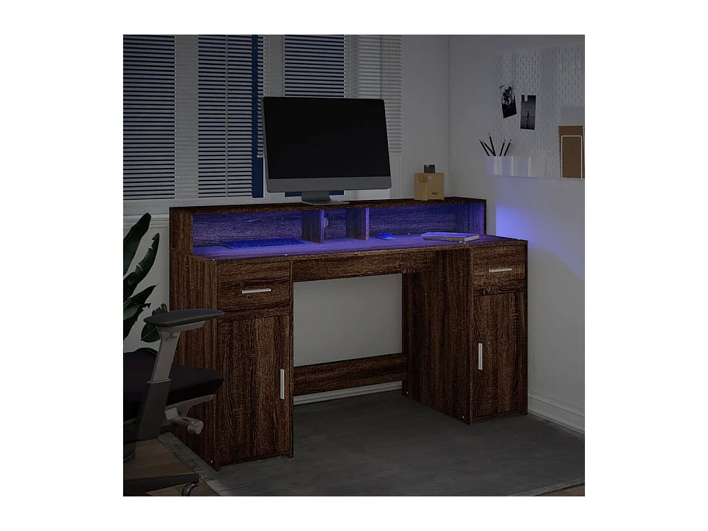 Bureau et lumières LED chêne marron bois d'ingénierie