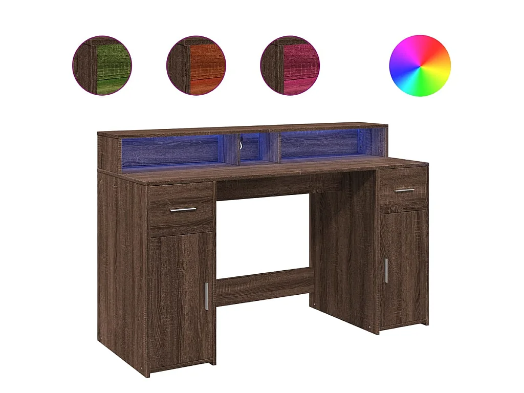 Bureau et lumières LED chêne marron bois d'ingénierie