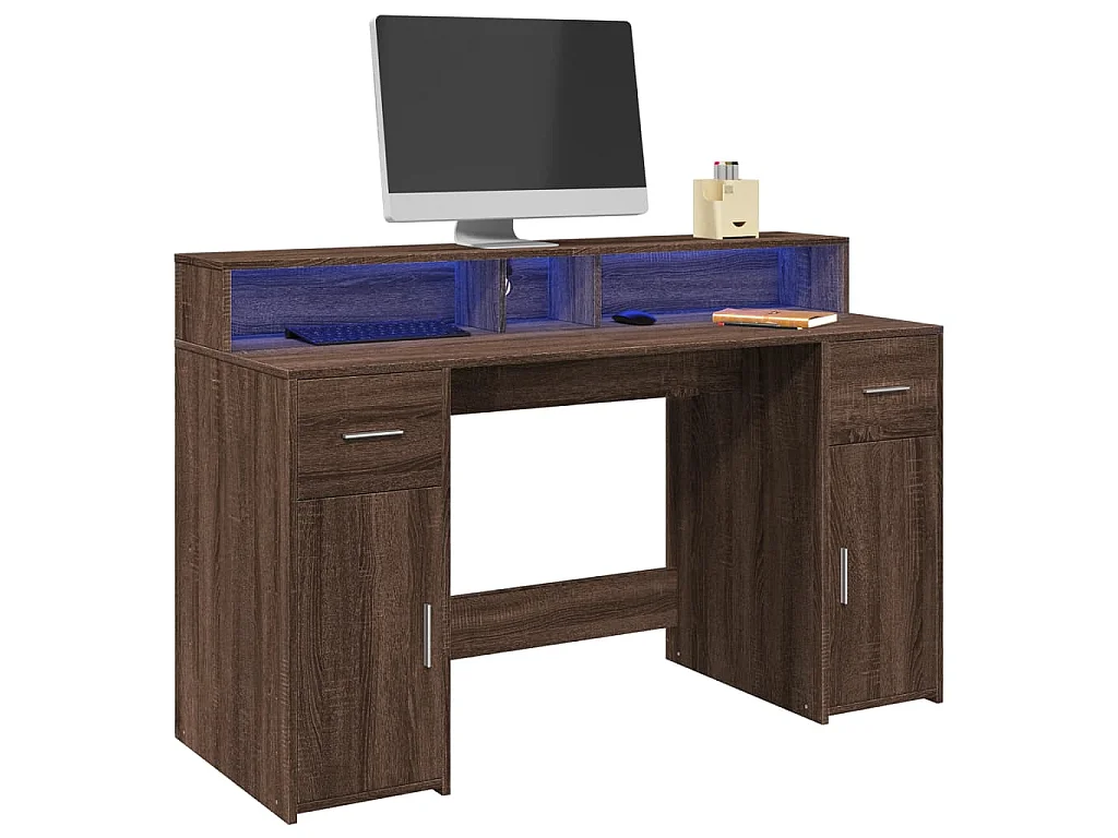 Bureau et lumières LED chêne marron bois d'ingénierie