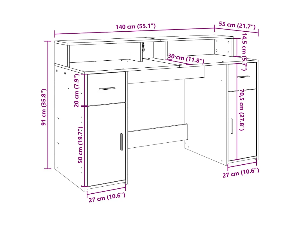 Bureau et lumières LED chêne marron bois d'ingénierie