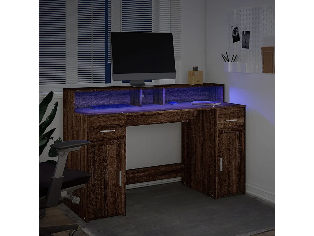 Bureau et lumières LED chêne marron bois d'ingénierie