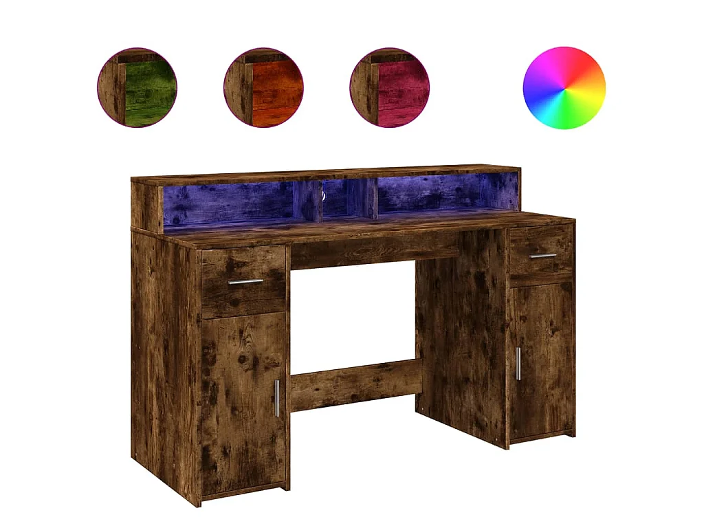 Bureau et lumières LED chêne fumé 140x55x91cm bois d'ingénierie
