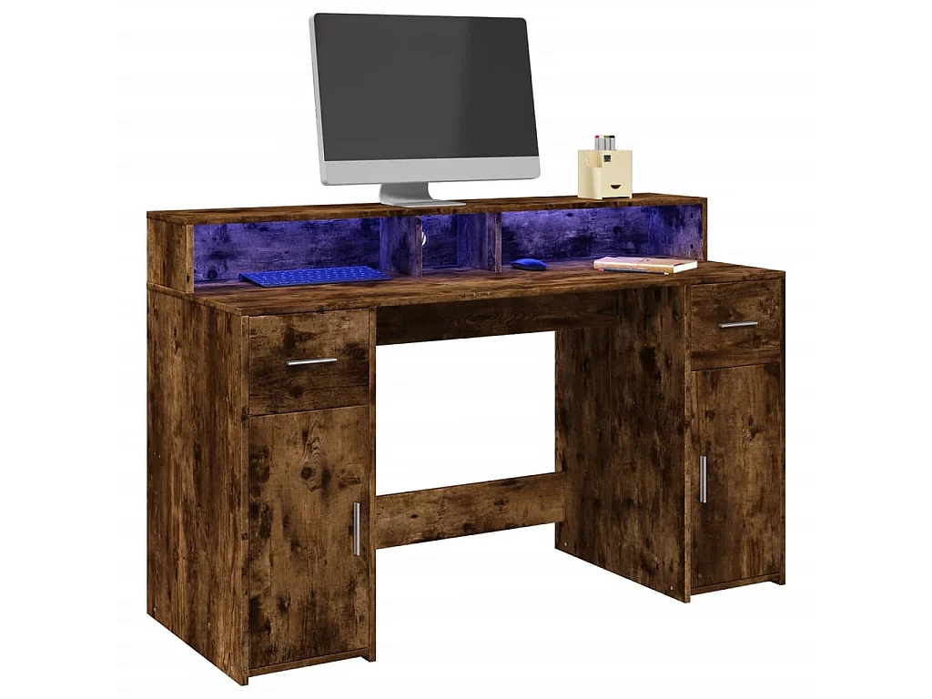 Bureau et lumières LED chêne fumé 140x55x91cm bois d'ingénierie