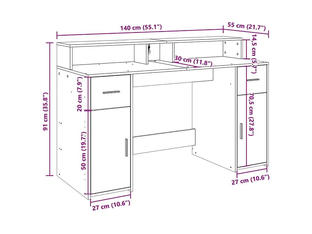 Bureau et lumières LED chêne fumé 140x55x91cm bois d'ingénierie