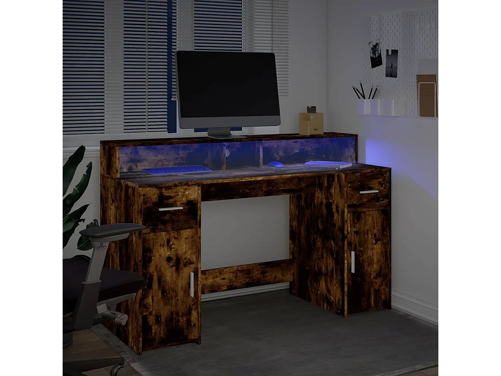 Bureau et lumières LED chêne fumé 140x55x91cm bois d'ingénierie