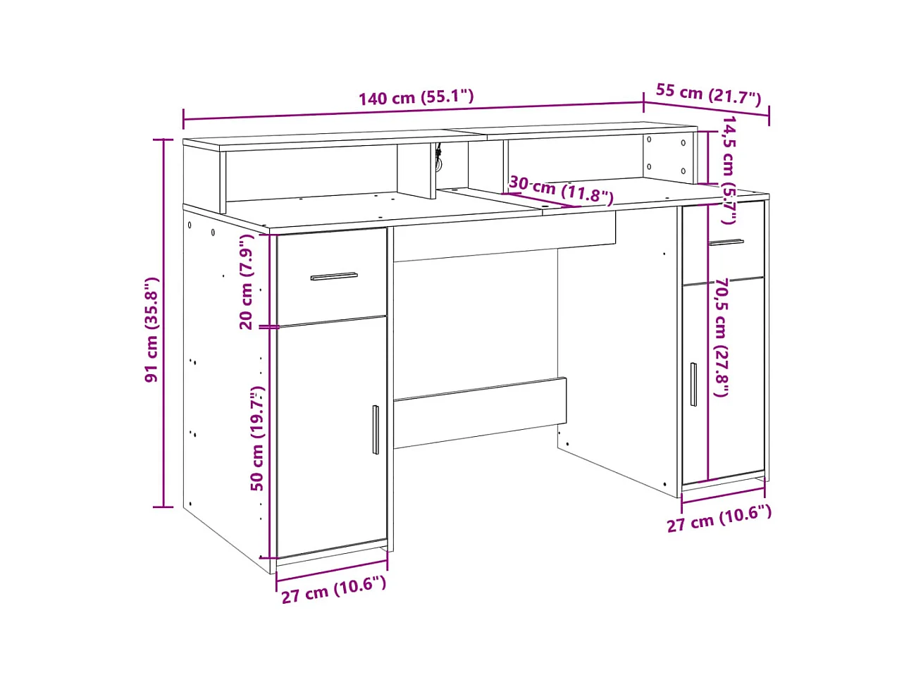 Bureau avec lumières LED blanc 140x55x91 cm bois d'ingénierie