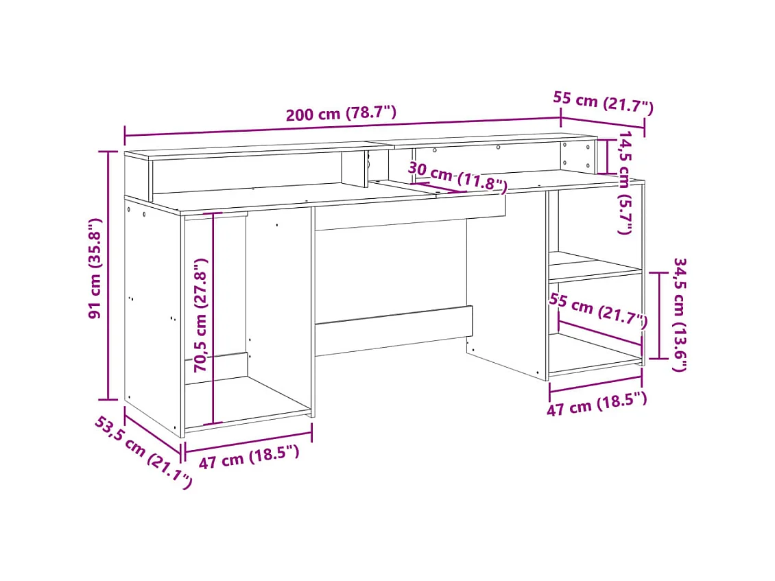 Scrivania con Luci LED Grigio Sonoma 200x55x91cm in Truciolato