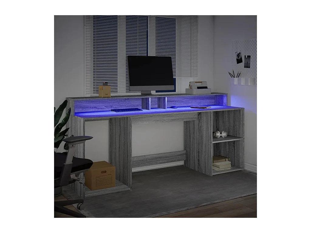 Scrivania con Luci LED Grigio Sonoma 200x55x91cm in Truciolato