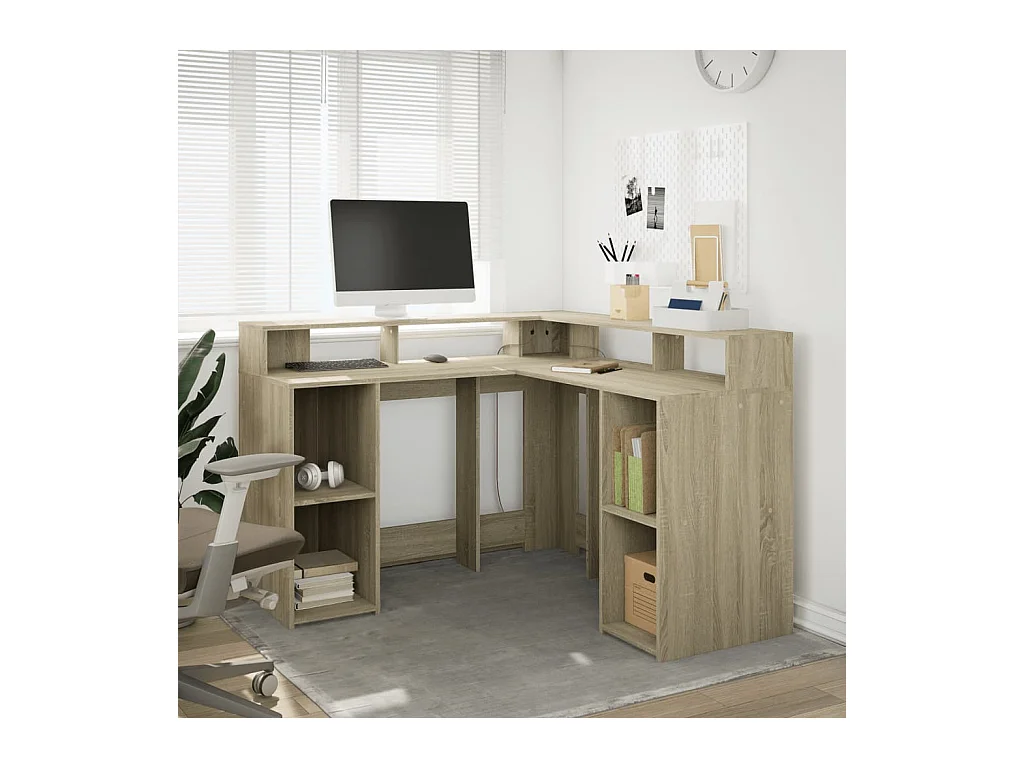 Bureau avec lumières LED chêne sonoma bois d'ingénierie