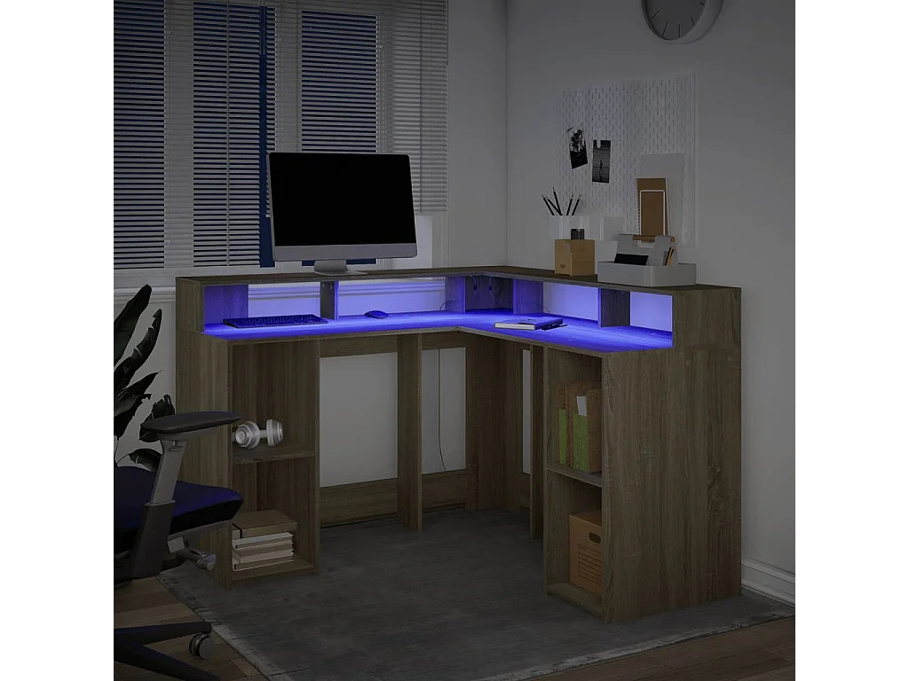LED-Schreibtisch Sonoma-Eiche 130x130x91 cm Holzwerkstoff