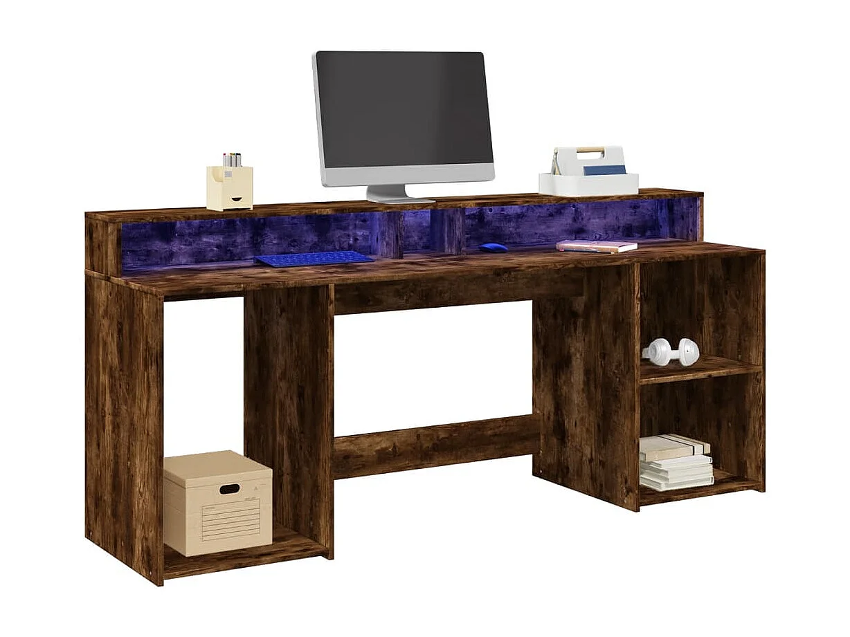 Bureau et lumières LED chêne fumé 200x55x91cm bois d'ingénierie