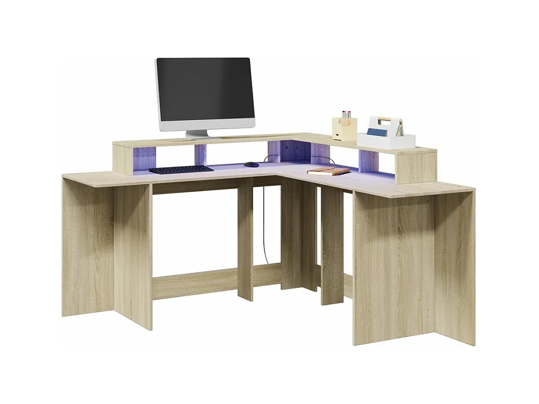 Bureau avec lumières LED chêne sonoma bois d'ingénierie