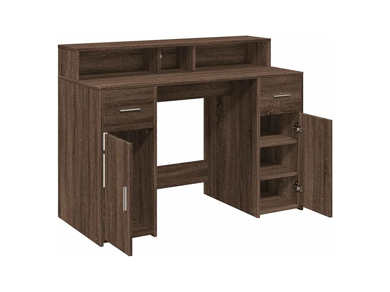 Bureau et lumières LED chêne marron bois d'ingénierie