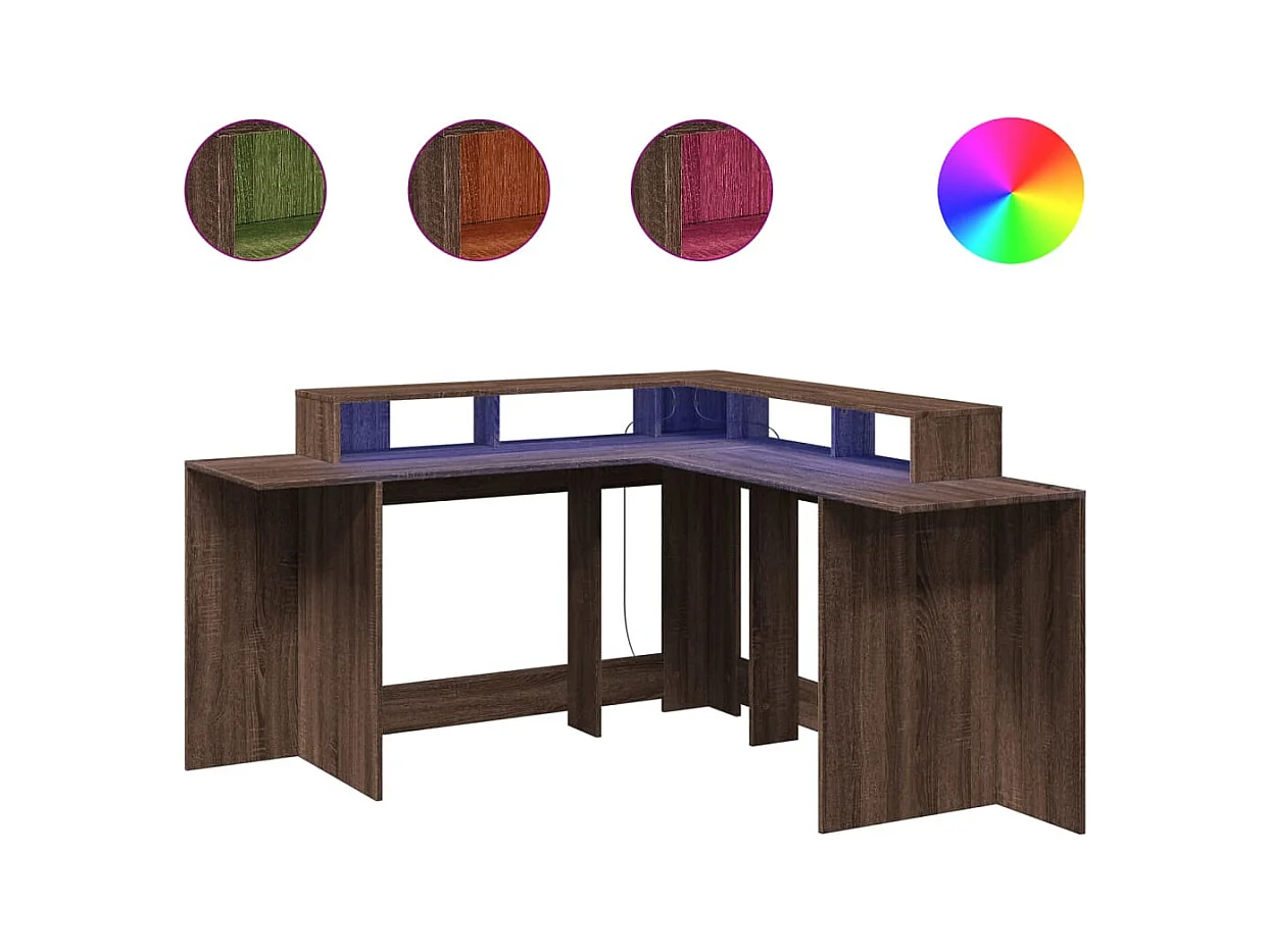 Bureau et lumières LED chêne marron bois d'ingénierie