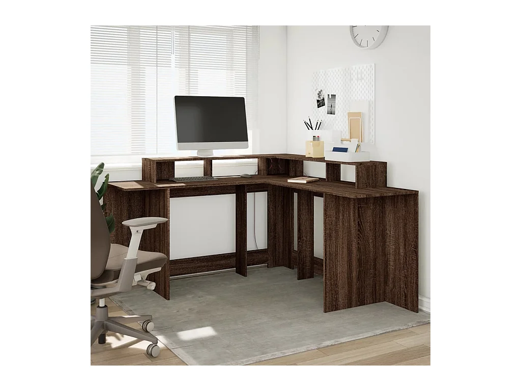 Bureau et lumières LED chêne marron bois d'ingénierie