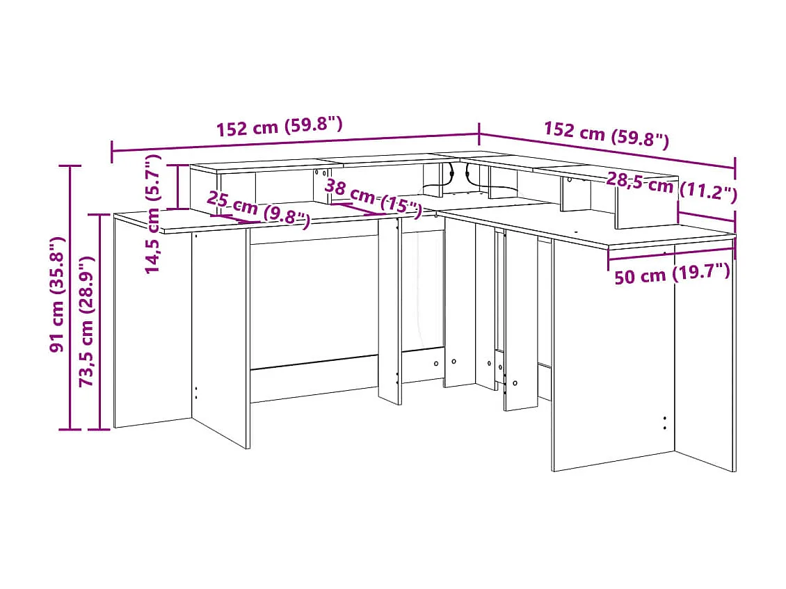Scrivania con Luci LED Marrone Rovere 152x152x91 cm Truciolato