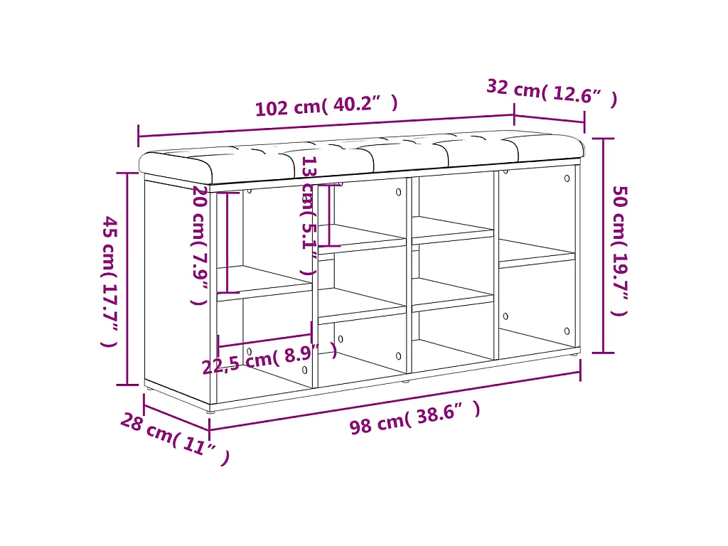 Banc à chaussures gris béton 102x32x50 cm bois d'ingénierie