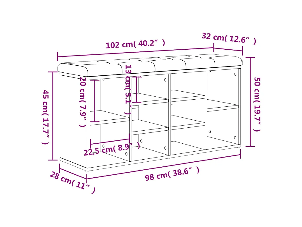 Banc à chaussures Blanc 102x32x50 cm Bois d'ingénierie