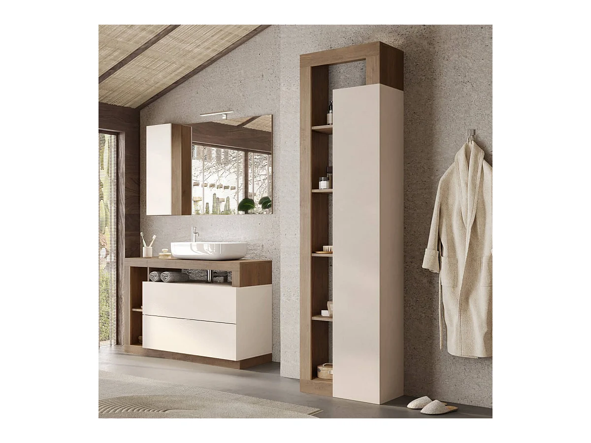 ARTURO - Colonne 1 porte beige laqué et aspect bois finition Mercure