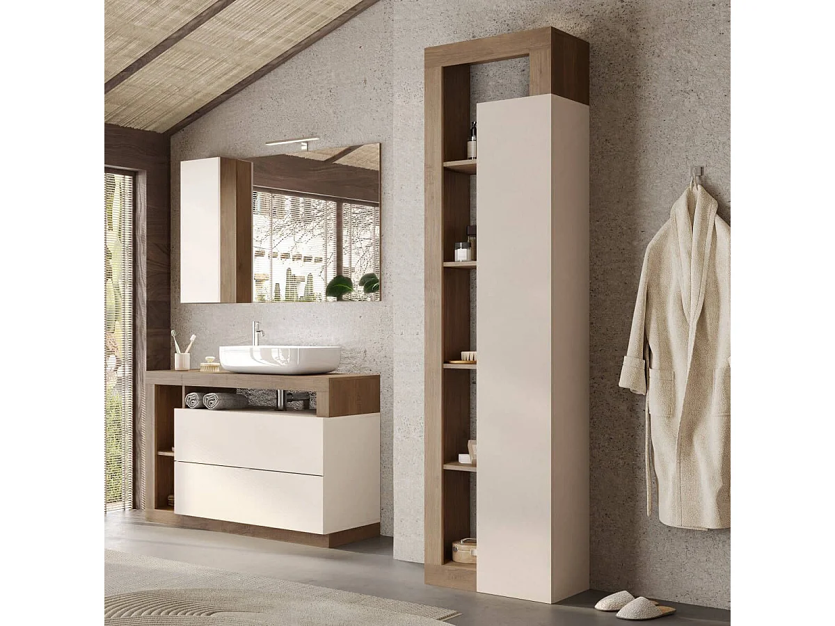 ARTURO - Colonne 1 porte beige laqué et aspect bois finition Mercure