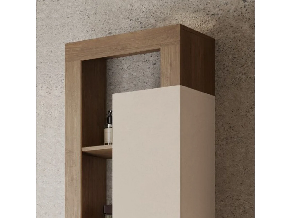 ARTURO - Colonne 1 porte beige laqué et aspect bois finition Mercure