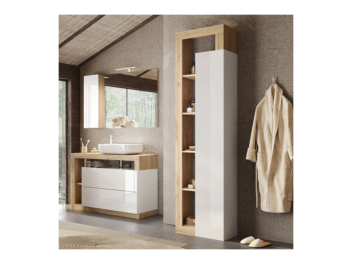 ARTURO - Colonne 1 porte blanc laqué et aspect bois finition Cadiz