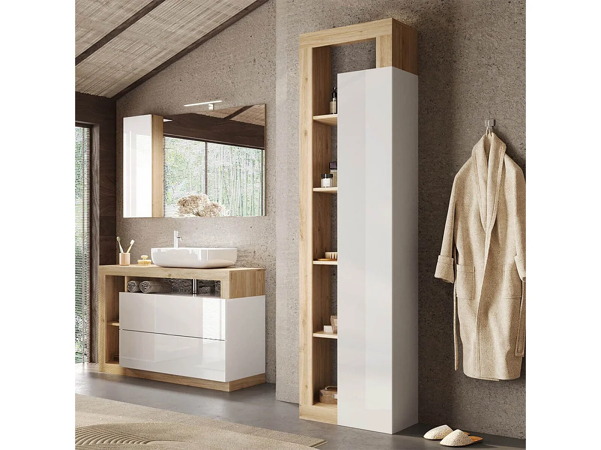 ARTURO - Colonne 1 porte blanc laqué et aspect bois finition Cadiz