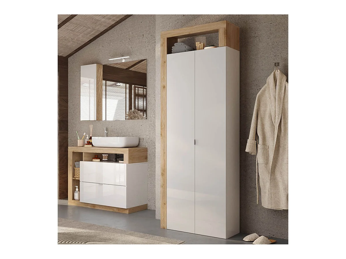 ARTURO - Armoire 2 portes 5 étagères blanc laqué et aspect bois finition Cadiz