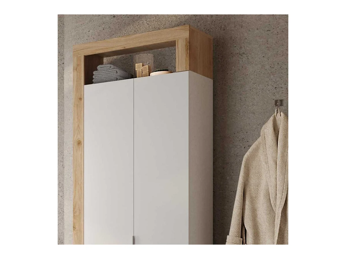 ARTURO - Armoire 2 portes 5 étagères blanc laqué et aspect bois finition Cadiz