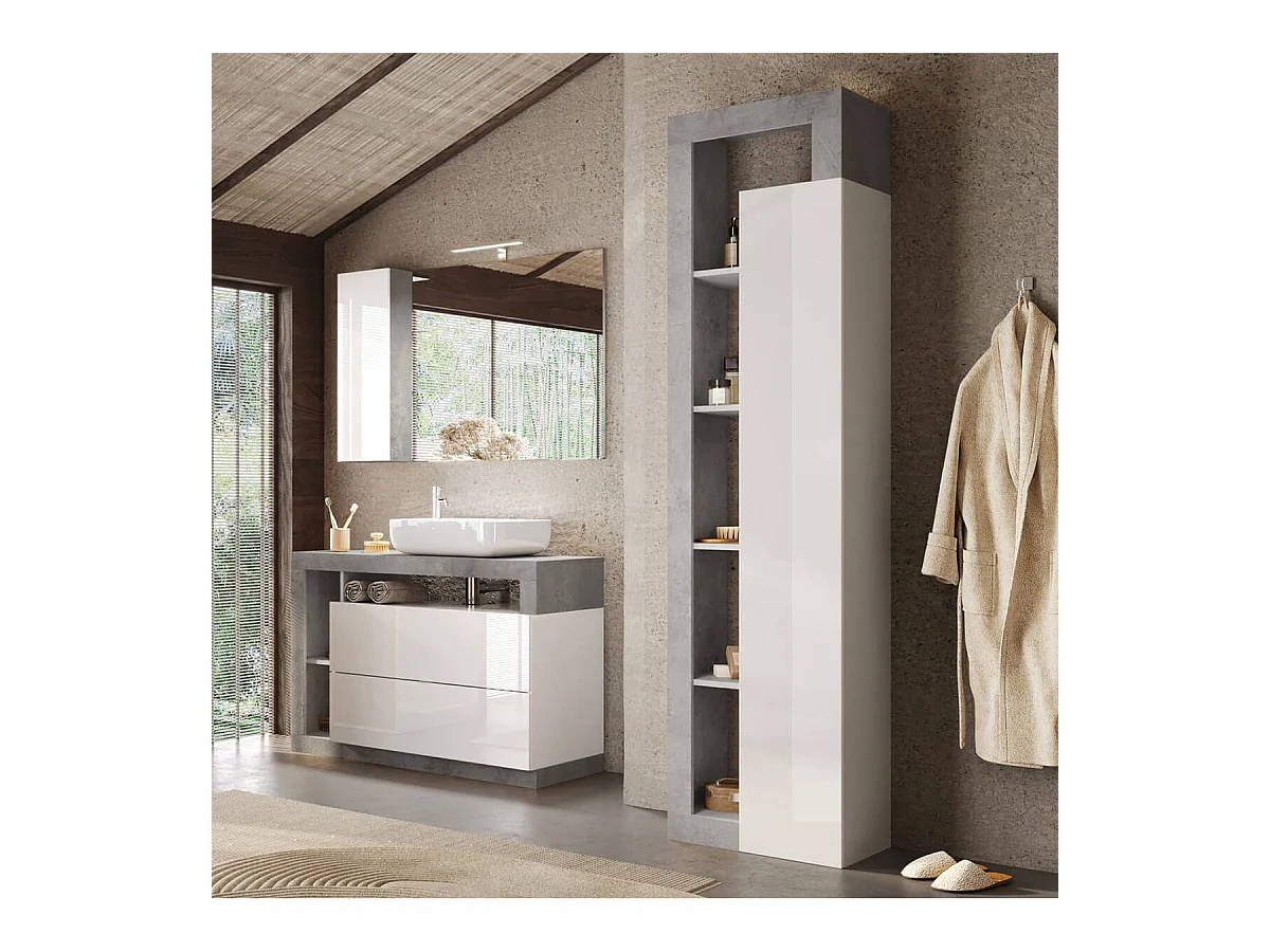 ARTURO - Colonne 1 porte blanc laqué et aspect béton