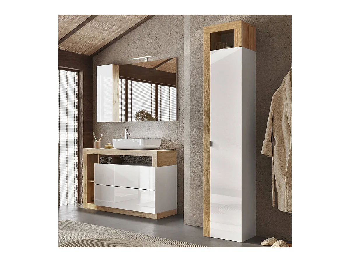 ARTURO - Armoire 1 porte 5 étagères blanc laqué et aspect bois finition Cadiz