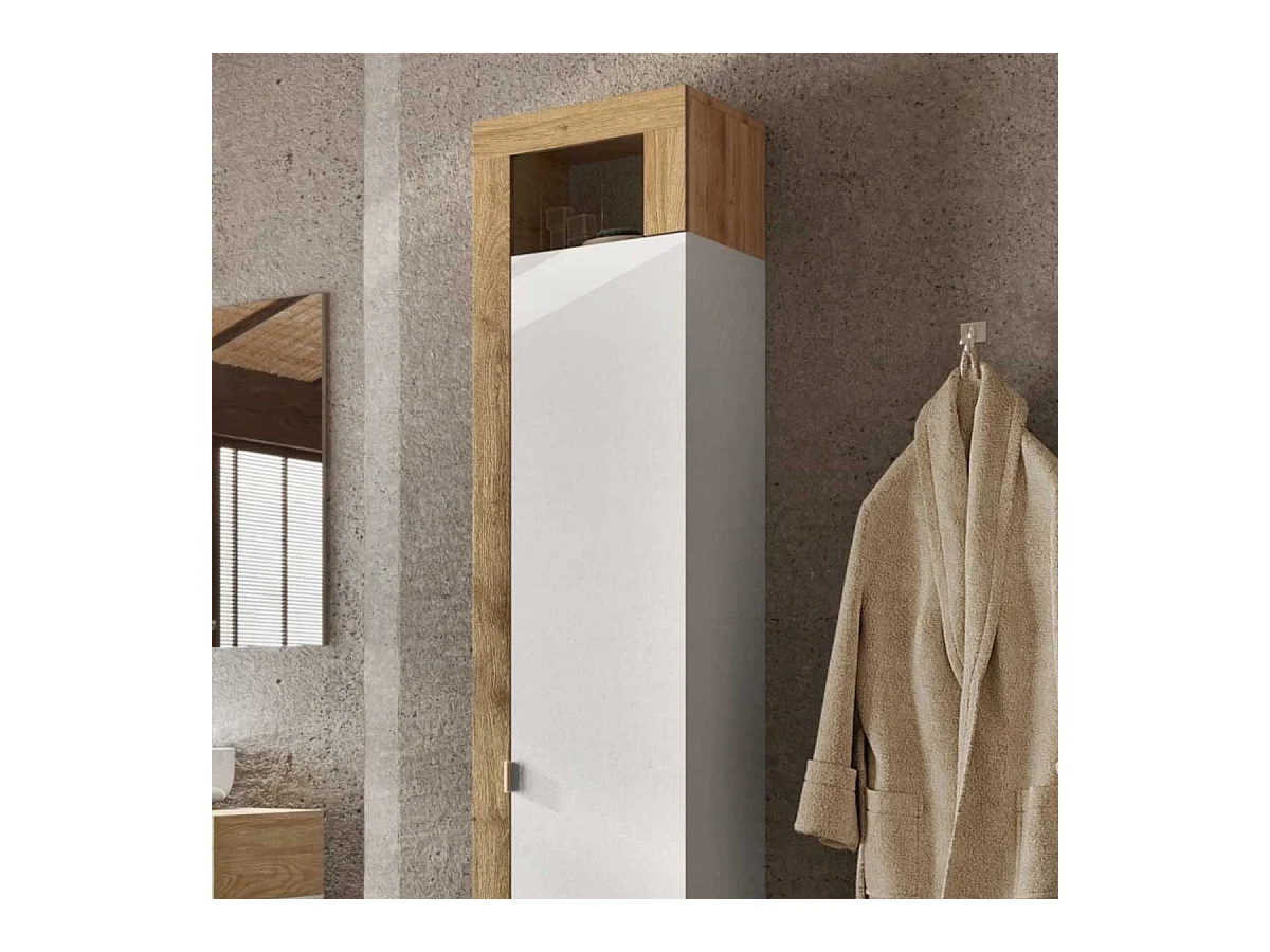 ARTURO - Armoire 1 porte 5 étagères blanc laqué et aspect bois finition Cadiz