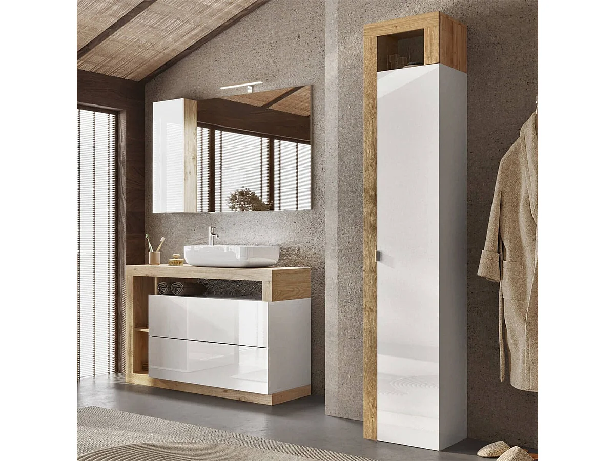 ARTURO - Armoire 1 porte 5 étagères blanc laqué et aspect bois finition Cadiz