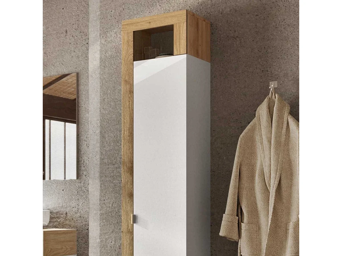 ARTURO - Armoire 1 porte 5 étagères blanc laqué et aspect bois finition Cadiz